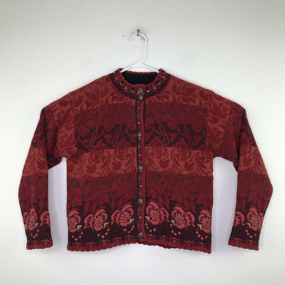 Red embroidered jacket with scallop detailing